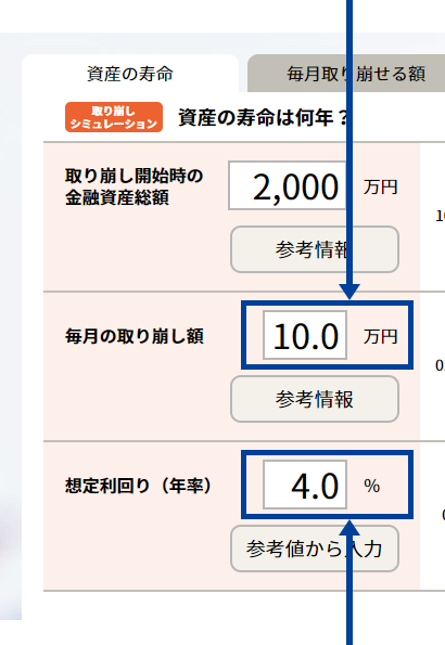 取り崩す金額を入力してシミュ―レーション