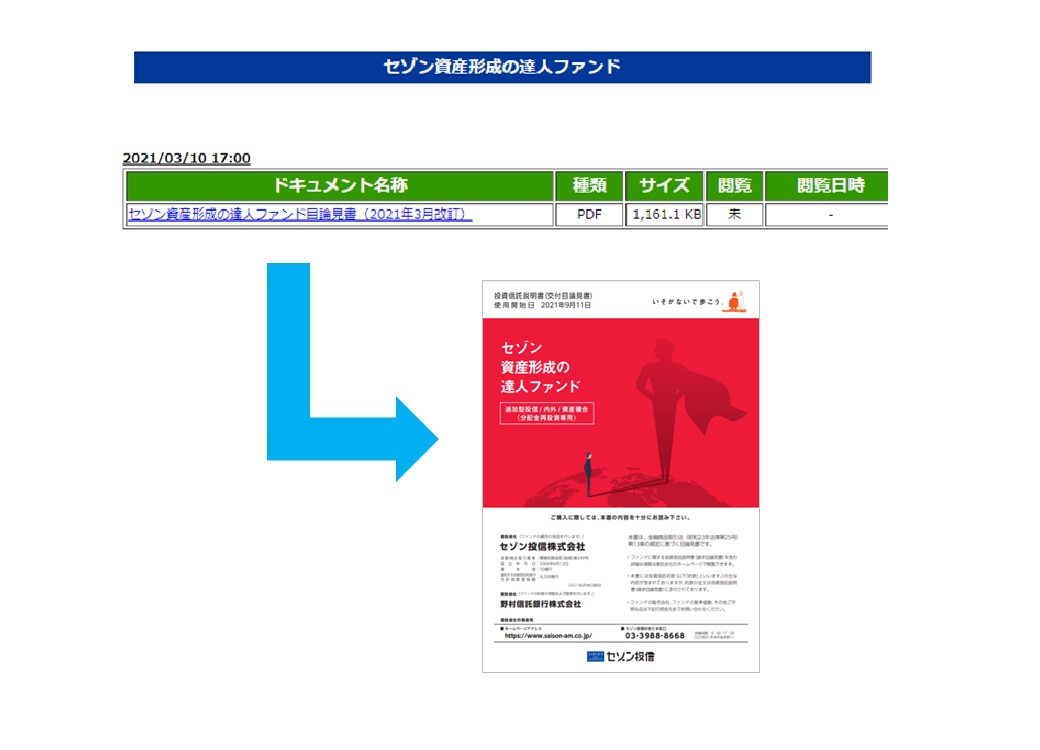 クリックすると別画面で目論見書が表示されますので、内容をご確認ください。