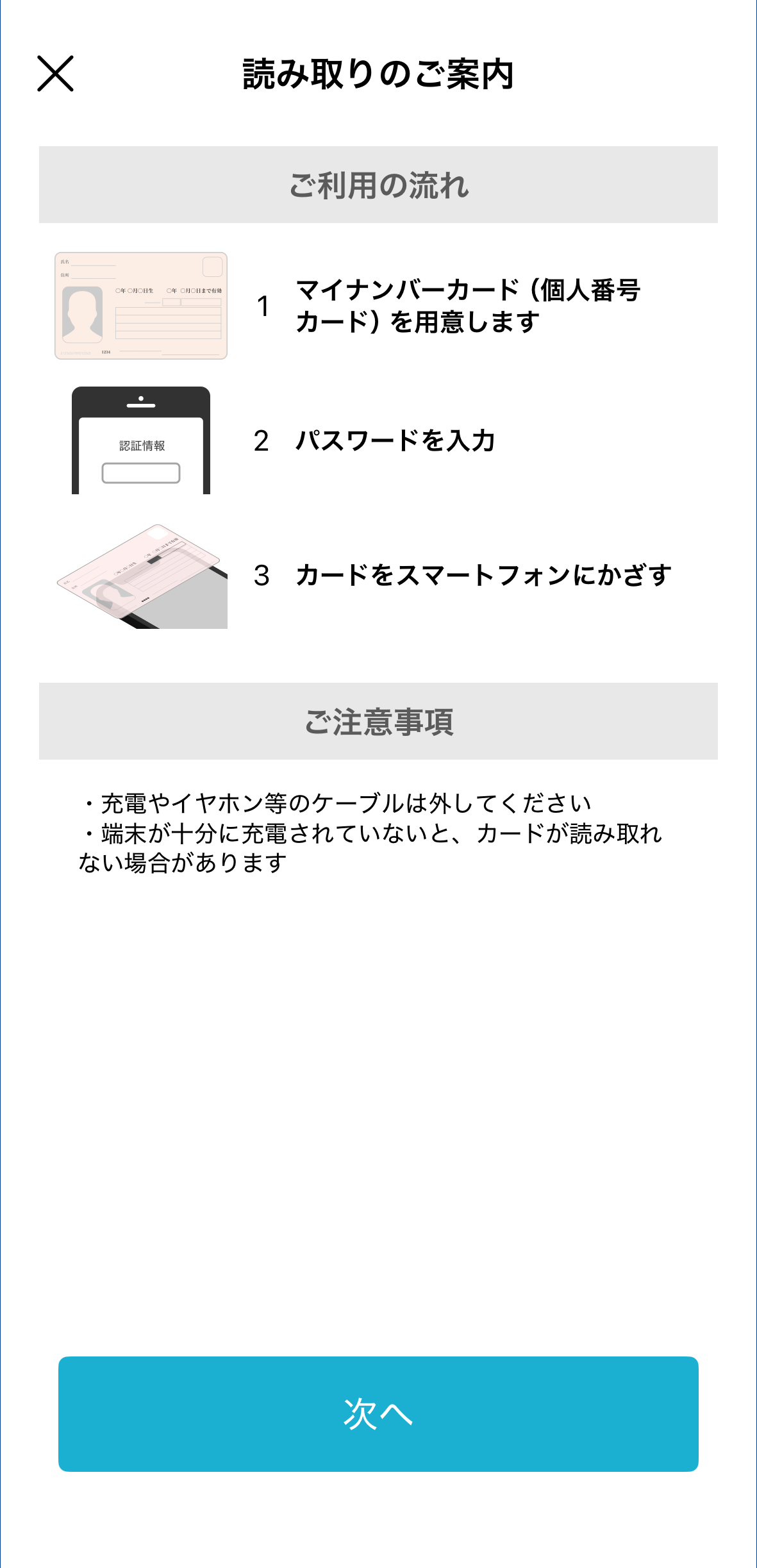 手順2　「ご利用の流れ」と「ご注意事項」を確認し「次へ」を押す。